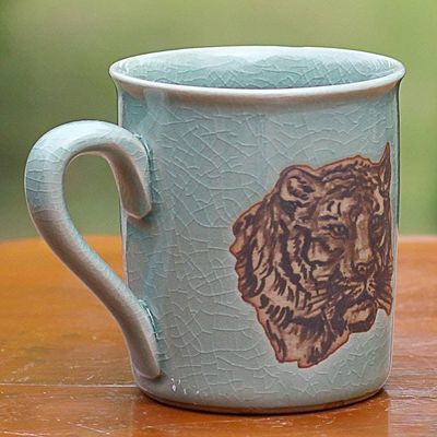 Alternate image for Hand Painted Celadon Ceramic Tiger Mug from Thailand Tigers Taste