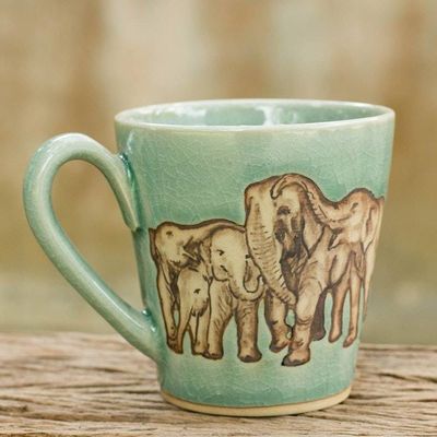 Alternate image for Aqua Celadon Ceramic Mug with Hand Painted Elephants Cozy Family