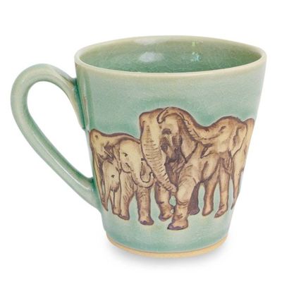 Alternate image for Aqua Celadon Ceramic Mug with Hand Painted Elephants Cozy Family