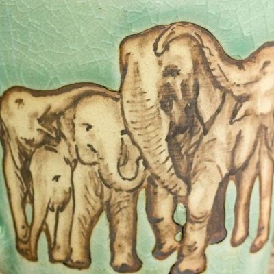 Alternate image for Aqua Celadon Ceramic Mug with Hand Painted Elephants Cozy Family