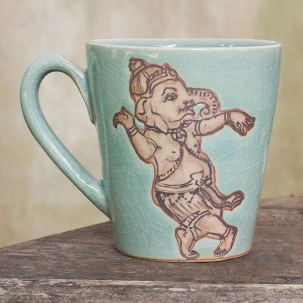 Alternate image for Light Blue Celadon Ceramic Dancing Ganesha Mug from Thailand Whimsical Ganesha