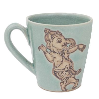 Alternate image for Light Blue Celadon Ceramic Dancing Ganesha Mug from Thailand Whimsical Ganesha