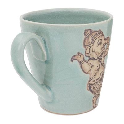 Alternate image for Light Blue Celadon Ceramic Dancing Ganesha Mug from Thailand Whimsical Ganesha