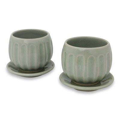 Alternate image for Fair Trade Thai Celadon Ceramic Teacups and Saucers pair Thai Jade