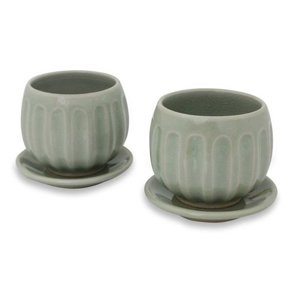Alternate image for Fair Trade Thai Celadon Ceramic Teacups and Saucers pair Thai Jade