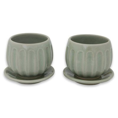 Alternate image for Fair Trade Thai Celadon Ceramic Teacups and Saucers pair Thai Jade