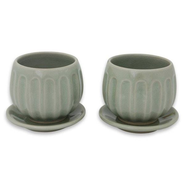 Alternate image for Fair Trade Thai Celadon Ceramic Teacups and Saucers pair Thai Jade