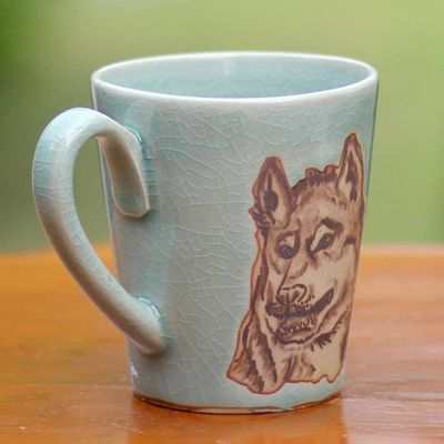 Alternate image for Hand Made Green Celadon Ceramic Painted Thai Wolf Mug Lupine Libation