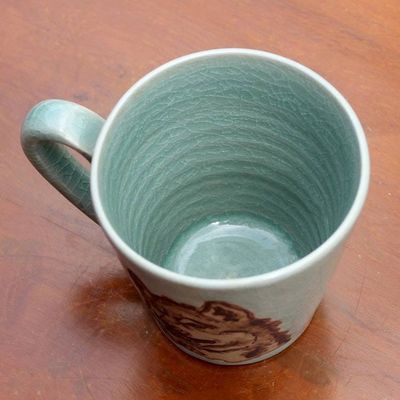 Alternate image for Hand Made Green Celadon Ceramic Painted Thai Wolf Mug Lupine Libation