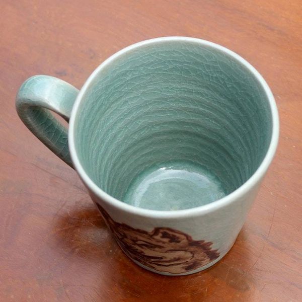 Alternate image for Hand Made Green Celadon Ceramic Painted Thai Wolf Mug Lupine Libation