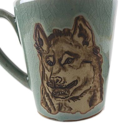 Alternate image for Hand Made Green Celadon Ceramic Painted Thai Wolf Mug Lupine Libation