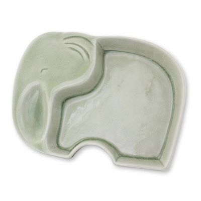 Alternate image for Whimsical Elephant Theme Handmade Celadon Plate Happy Green Elephant