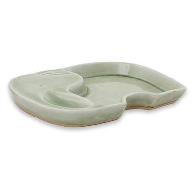 Alternate image for Whimsical Elephant Theme Handmade Celadon Plate Happy Green Elephant