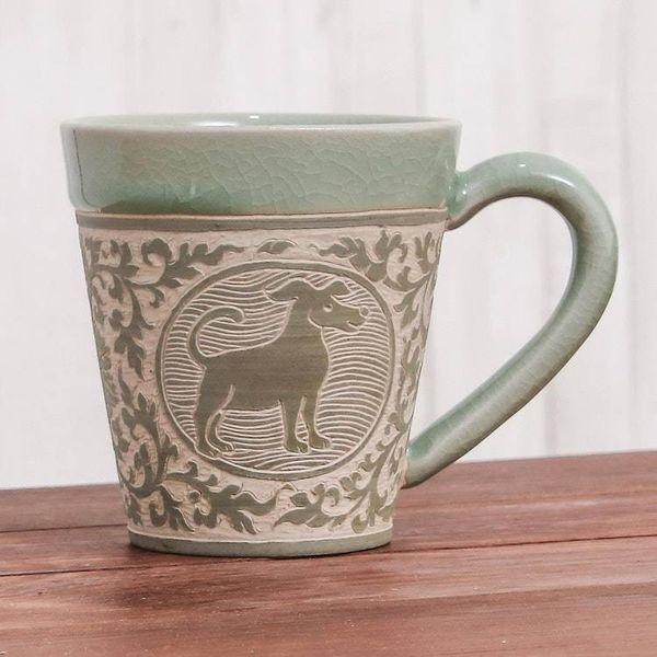 Alternate image for Celadon Glazed Ceramic Mug with Dog from Thailand Thai Zodiac Dog