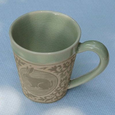 Alternate image for Celadon Glazed Ceramic Mug with Rabbit from Thailand Thai Zodiac Rabbit