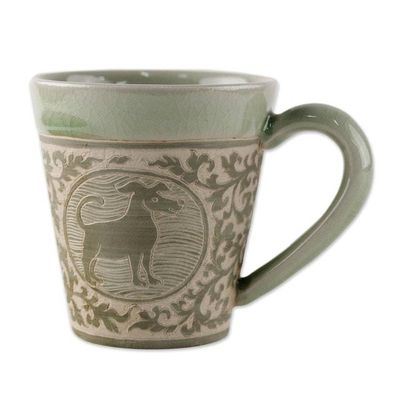 Alternate image for Celadon Glazed Ceramic Mug with Dog from Thailand Thai Zodiac Dog