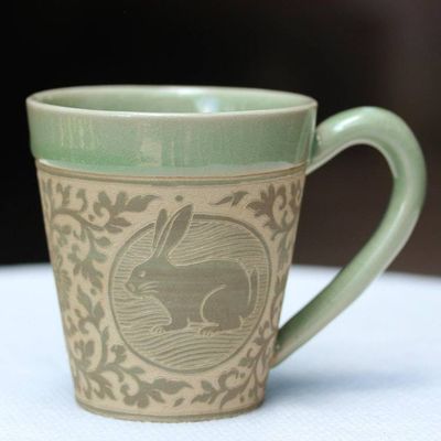 Alternate image for Celadon Glazed Ceramic Mug with Rabbit from Thailand Thai Zodiac Rabbit