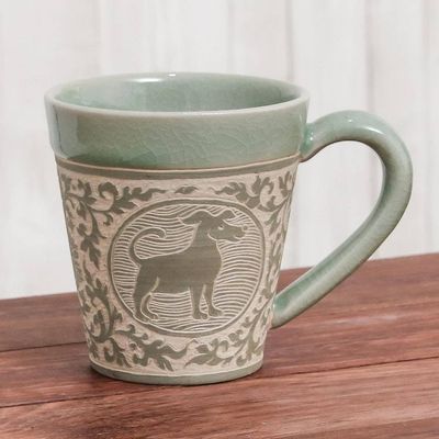 Alternate image for Celadon Glazed Ceramic Mug with Dog from Thailand Thai Zodiac Dog