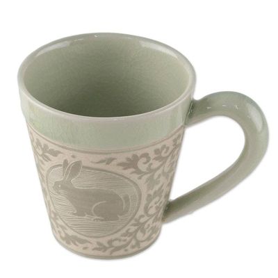 Alternate image for Celadon Glazed Ceramic Mug with Rabbit from Thailand Thai Zodiac Rabbit