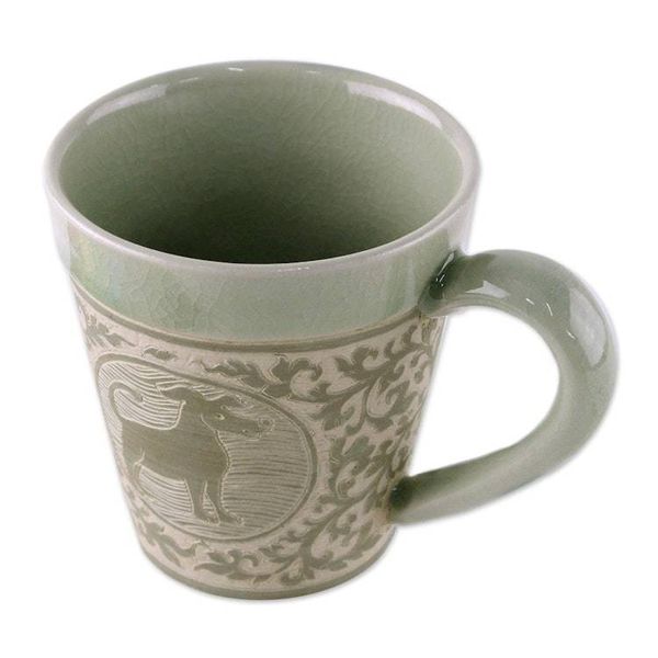 Alternate image for Celadon Glazed Ceramic Mug with Dog from Thailand Thai Zodiac Dog