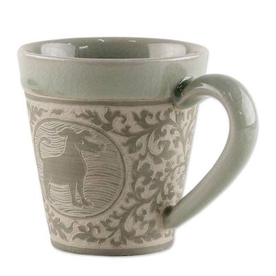 Alternate image for Celadon Glazed Ceramic Mug with Dog from Thailand Thai Zodiac Dog