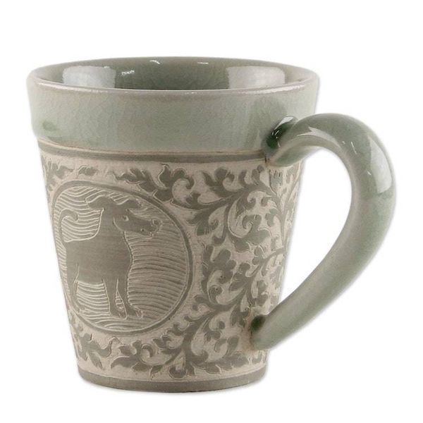 Alternate image for Celadon Glazed Ceramic Mug with Dog from Thailand Thai Zodiac Dog