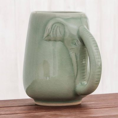 Alternate image for Ceramic Celadon Elephant Mug in Green from Thailand Morning Elephant in Green