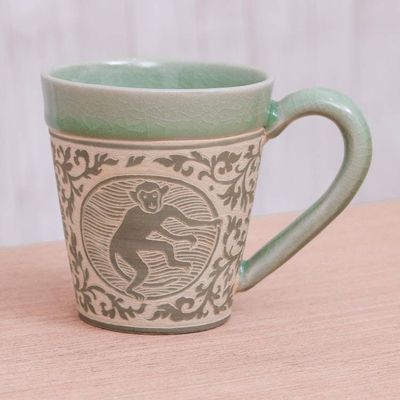 Alternate image for Celadon Glazed Ceramic Mug with Monkey from Thailand Thai Zodiac Monkey