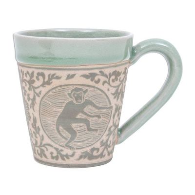 Alternate image for Celadon Glazed Ceramic Mug with Monkey from Thailand Thai Zodiac Monkey