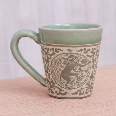 Alternate image for Celadon Glazed Ceramic Mug with Monkey from Thailand Thai Zodiac Monkey