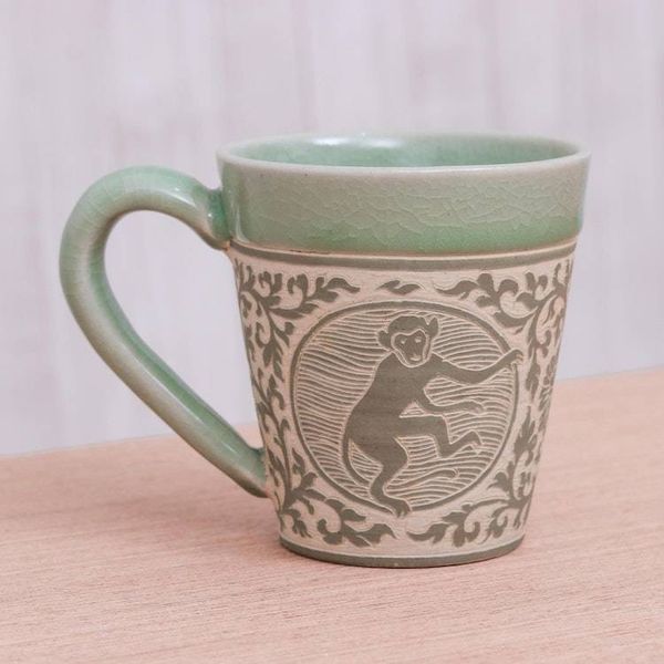 Alternate image for Celadon Glazed Ceramic Mug with Monkey from Thailand Thai Zodiac Monkey