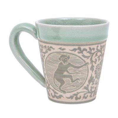 Alternate image for Celadon Glazed Ceramic Mug with Monkey from Thailand Thai Zodiac Monkey