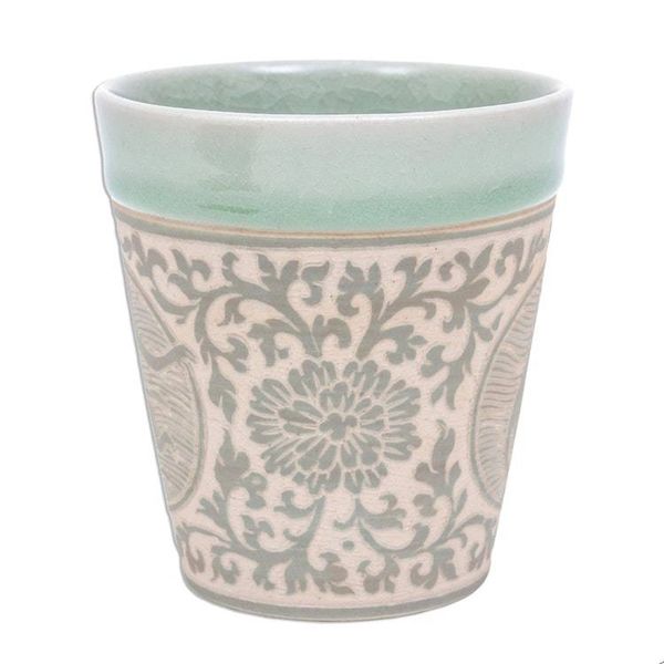 Alternate image for Celadon Glazed Ceramic Mug with Monkey from Thailand Thai Zodiac Monkey