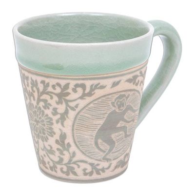Alternate image for Celadon Glazed Ceramic Mug with Monkey from Thailand Thai Zodiac Monkey