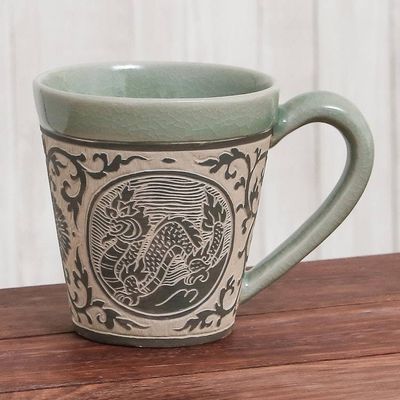 Alternate image for Celadon Glazed Ceramic Mug with Dragon from Thailand Thai Zodiac Dragon
