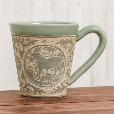 Primary image for Celadon Glazed Ceramic Mug with Goat from Thailand Thai Zodiac Goat