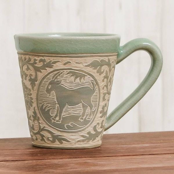 Alternate image for Celadon Glazed Ceramic Mug with Goat from Thailand Thai Zodiac Goat