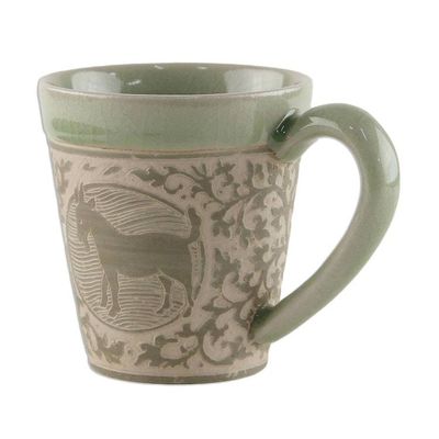 Alternate image for Celadon Glazed Ceramic Mug with Goat from Thailand Thai Zodiac Goat