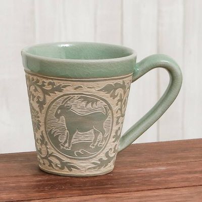 Alternate image for Celadon Glazed Ceramic Mug with Goat from Thailand Thai Zodiac Goat