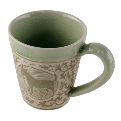 Alternate image for Celadon Glazed Ceramic Mug with Goat from Thailand Thai Zodiac Goat