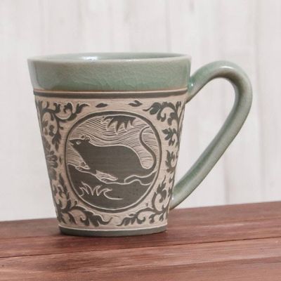 Alternate image for Celadon Glazed Ceramic Mug with Rat from Thailand Thai Zodiac Rat