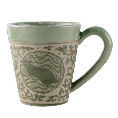 Alternate image for Celadon Glazed Ceramic Mug with Rat from Thailand Thai Zodiac Rat