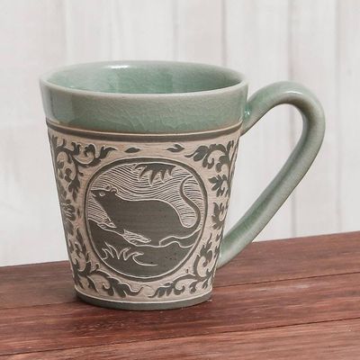 Alternate image for Celadon Glazed Ceramic Mug with Rat from Thailand Thai Zodiac Rat