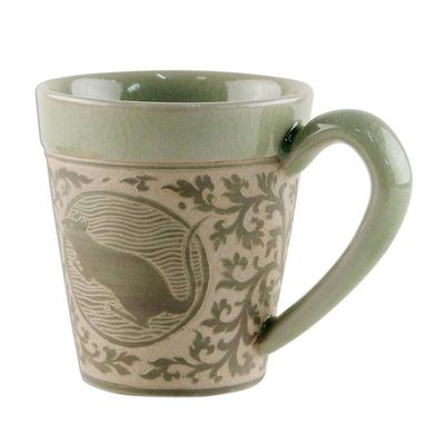 Alternate image for Celadon Glazed Ceramic Mug with Rat from Thailand Thai Zodiac Rat