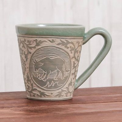 Alternate image for Celadon Glazed Ceramic Mug with Cow from Thailand Thai Zodiac Cow