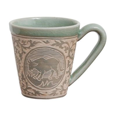 Alternate image for Celadon Glazed Ceramic Mug with Cow from Thailand Thai Zodiac Cow