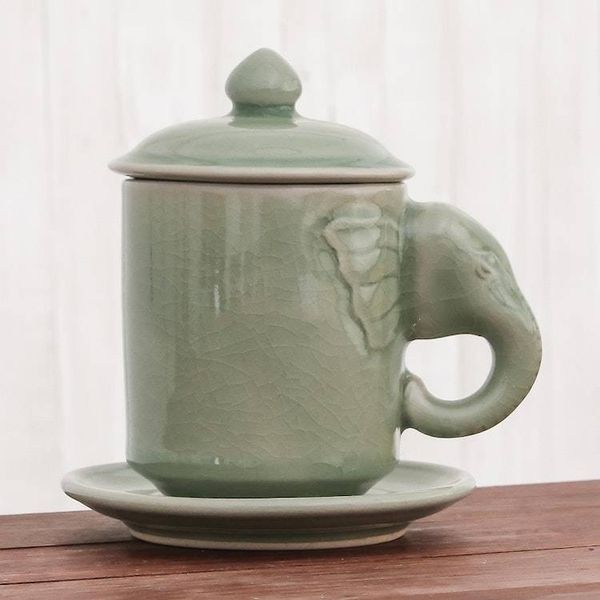 Alternate image for Celadon Ceramic Elephant Cup and Saucer from Thailand Chiang Mai Elephant