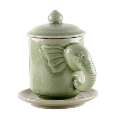 Alternate image for Celadon Ceramic Elephant Cup and Saucer from Thailand Chiang Mai Elephant