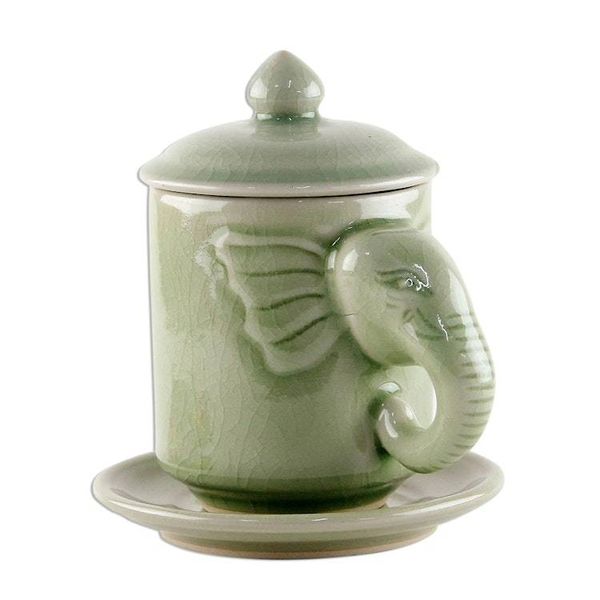 Alternate image for Celadon Ceramic Elephant Cup and Saucer from Thailand Chiang Mai Elephant