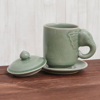 Alternate image for Celadon Ceramic Elephant Cup and Saucer from Thailand Chiang Mai Elephant